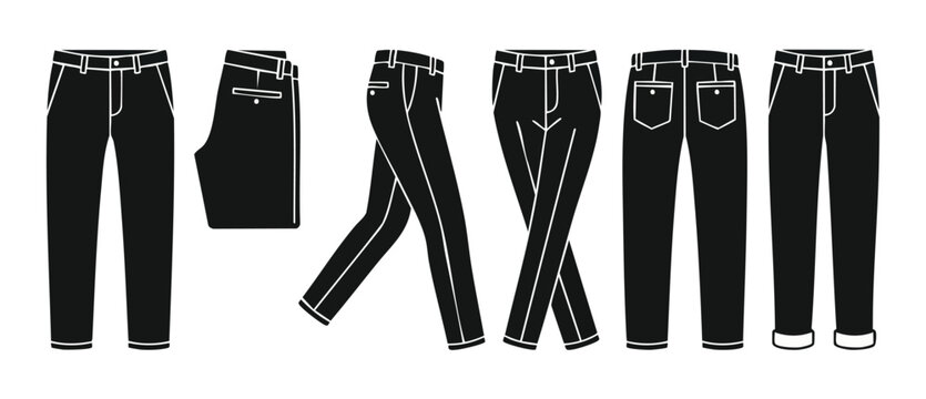 Mens Chino Pants Vector Set, Flat Design Template for Fashion Apparel, Casual Trousers Front Side Back View Isolated on White Background, Technical Clothing Illustration for Tailoring and Retail Desig