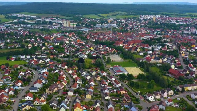 Aerial view of old town of the city Eppingen in Germany on cloudy day in Spring. 