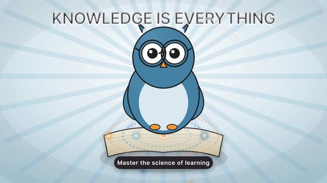Cute blue cartoon owl holding a scroll with "Knowledge is Everything" text and "Master the science of learning" tagline. Educational vector illustration isolated on blue background.
