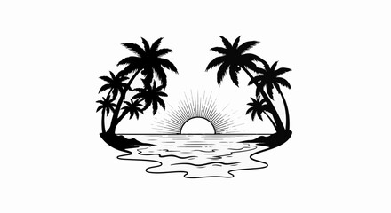 Obraz premium Tropical island sunset with palm trees framing the scene
