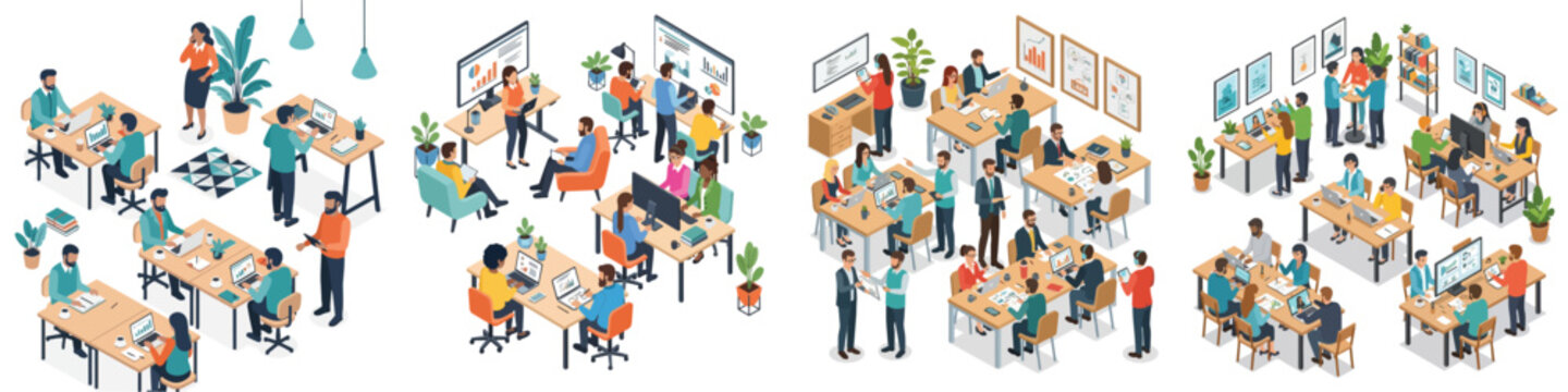 Diverse teams in isometric modern office environments collaborating, meeting, and working on projects, illustrating dynamic and productive open-plan workspaces