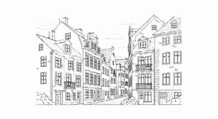 Obraz premium Sketch of a charming European street with old buildings