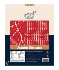 Professional retail packaging for sliced Jamon Serrano including nutrition facts, barcode, and classic Spanish meat illustration