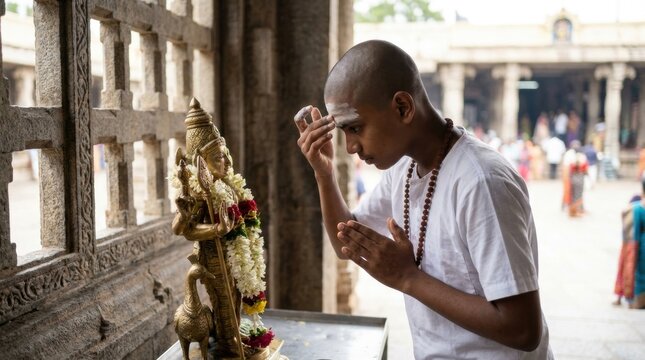 Young boy praying and applying sacred ash at a Hindu temple