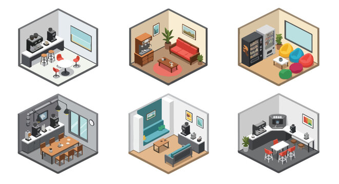 A vibrant collection of isometric illustrations depicting modern interior spaces, including comfortable living rooms, inviting cafe corners, and functional office lounges