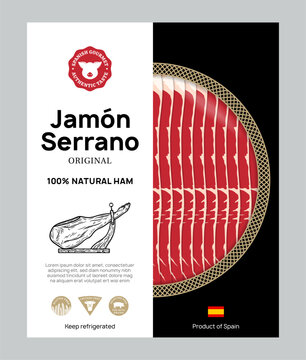 Modern contrast packaging for 100% natural Spanish ham featuring a round window and vintage drawing