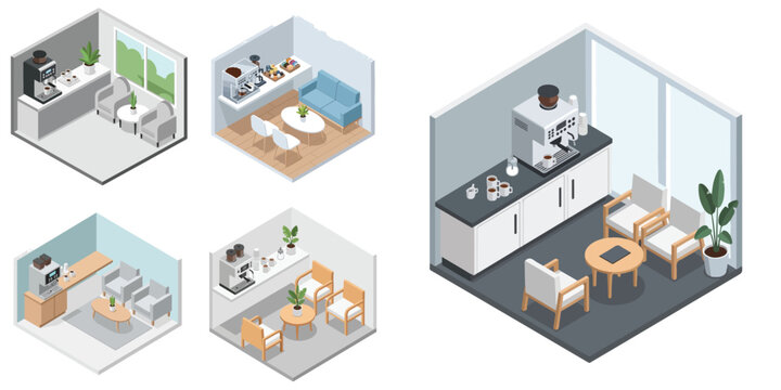 Modern break rooms and office coffee station designs, featuring comfortable seating and efficient beverage preparation areas
