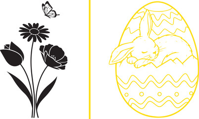 Easter bunny sleeping in egg and flower bouquet silhouette vector illustration isolated on white background