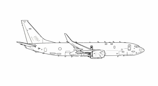 A side view line drawing of a modern jet airplane with a sleek fuselage and wings