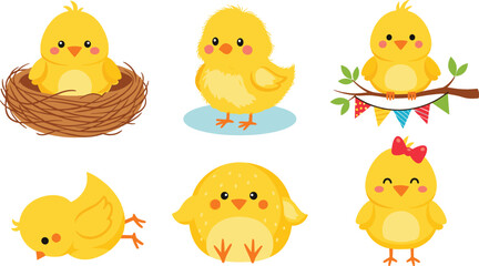 Fototapeta premium Cute chick characters set with baby chickens in different poses cartoon vector illustration collection isolated on white background
