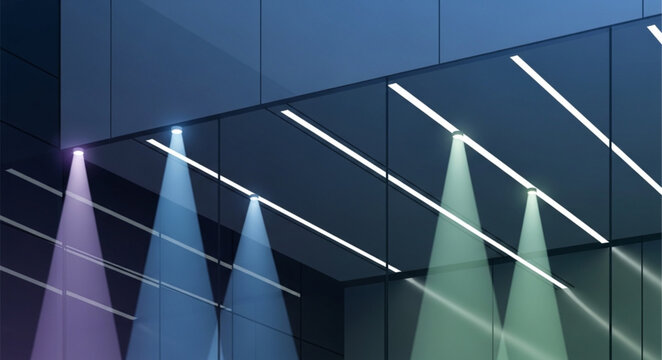 Modern Stage Lighting Equipment with Colorful Spotlights.
