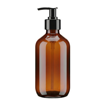 A brown bottle with a black pump dispenser on a white background isolated on white background