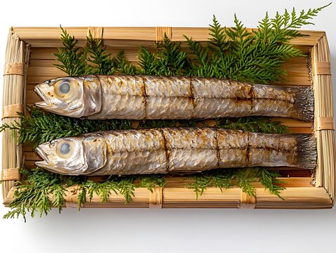Fresh needlefish arranged with green herbs in bamboo tray presentation.