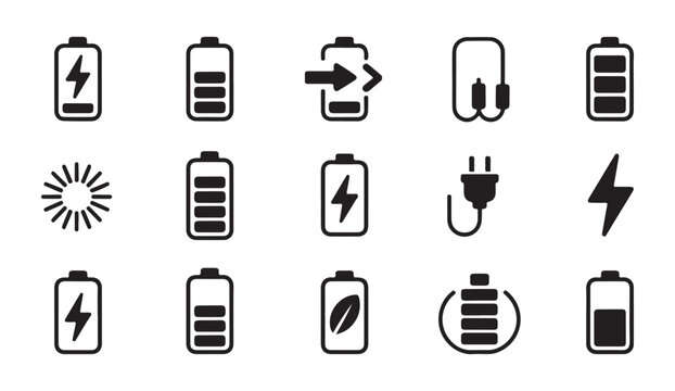 Energy level icons and battery charging signs for mobile application interface design illustrations.