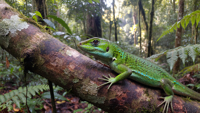 Green lizard on tree branch in tropical forest (Lagarto verde em galho de &aacute;rvore na floresta tropical)