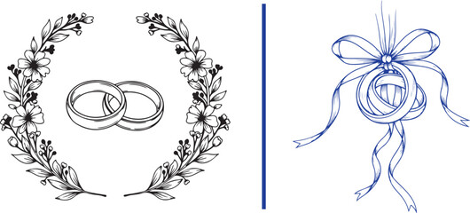 Wedding rings vector illustration set with floral wreath and ribbon bow isolated on white background © Muhammad