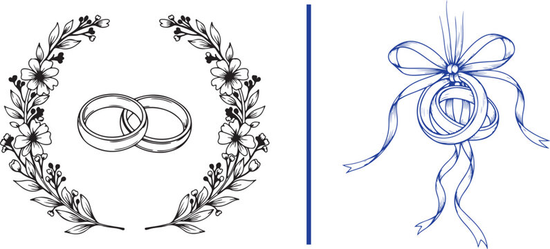 Wedding rings vector illustration set with floral wreath and ribbon bow isolated on white background