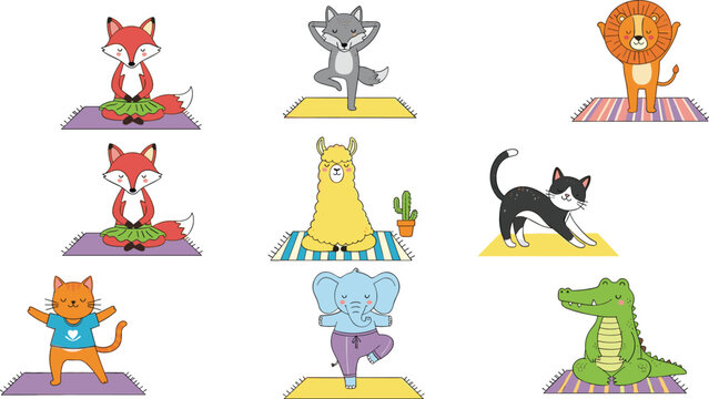 Cute animals doing yoga set with fox wolf lion cat elephant and crocodile cartoon vector illustration collection isolated on white background
