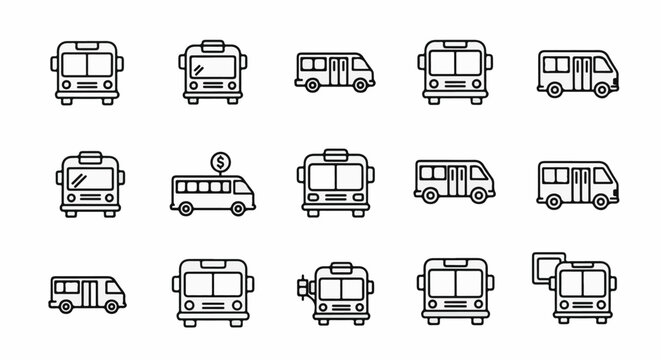 Collection of stylized bus and van icons in various forms