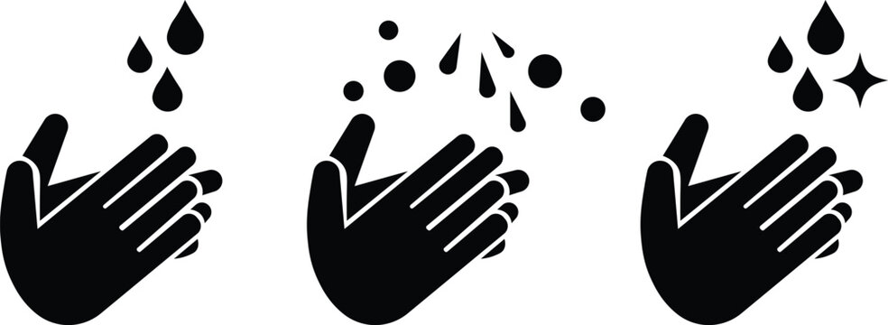 Hand hygiene and sanitizing icons waters soap bubbles and sparkle effects silhouette vector set