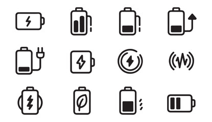 Modern collection of bold battery icons for charging energy monitoring and power level indicators. © Md