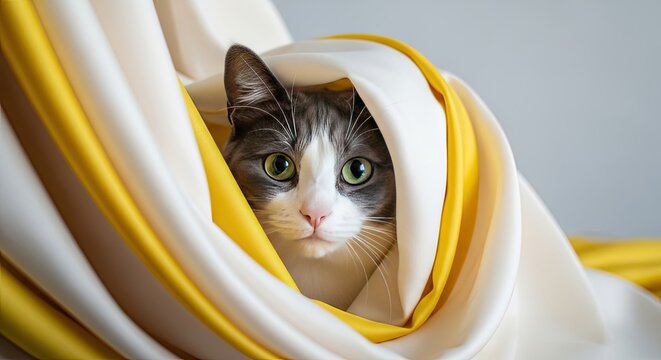 Curious cat peeking from yellow and white fabric