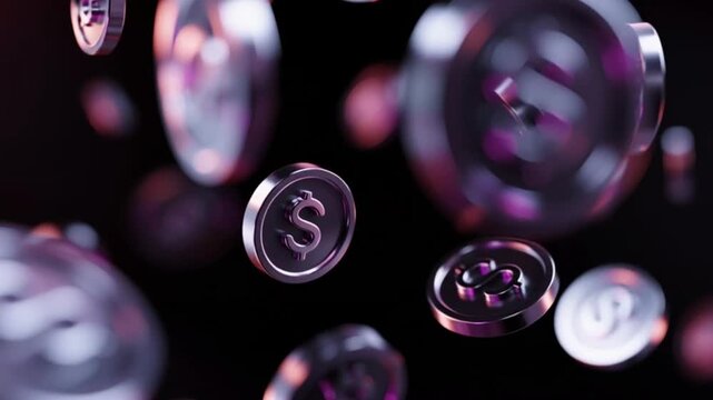 Floating metallic dollar coins with a purple glow on a dark background.