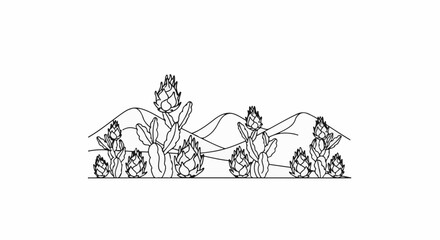 Obraz premium Outline of dragon fruit plants and rolling hills against a white background