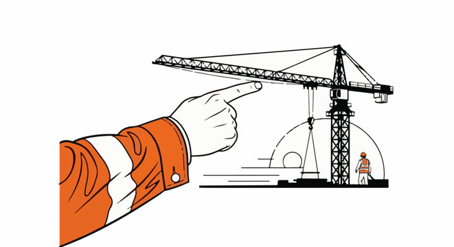 Hand pointing at construction site with crane and worker