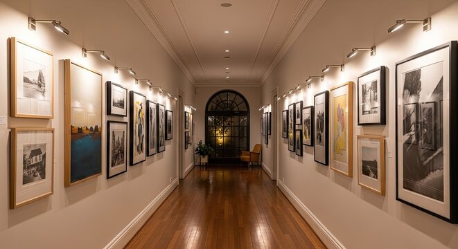 Art gallery hallway displaying framed pictures with warm overhead lighting