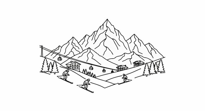 Stylized line art depicts a mountain ski resort with skiers, chalets and cable cars
