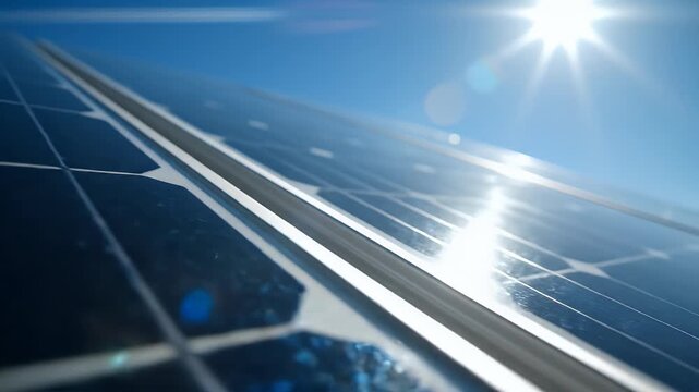 A close-up view showcases a solar panel glistening under bright sunlight, highlighting its intricate grid pattern and reflecting the sun's energy.