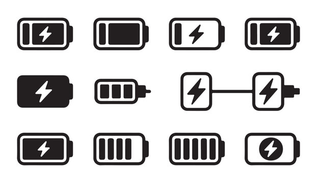 Collection of battery icons representing charge levels and power transfer connections.