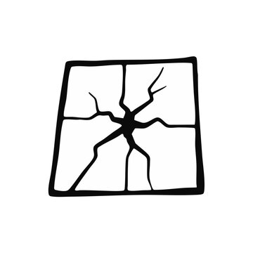 Cracked glass or tile icon. Broken window concept. Hand-drawn doodle vector illustration
