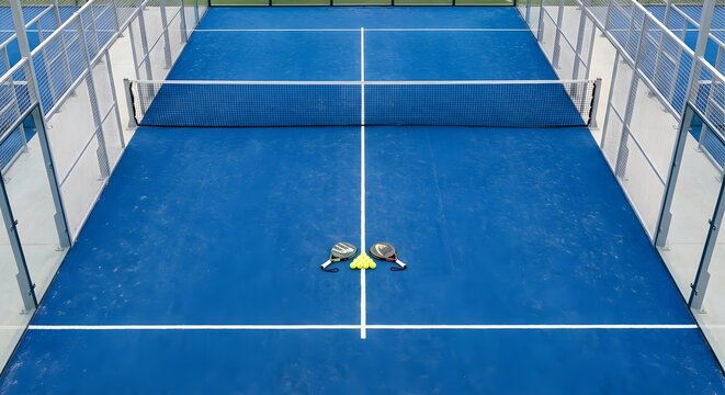 Padel Court Top View with Racket and Ball Sports Background