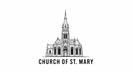 Fototapeta premium Sketch of a gothic church with a tall spire and text below