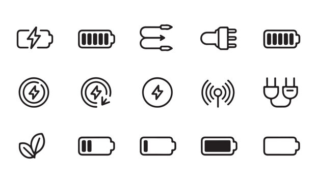 Minimalist outline battery icons with wireless signal and charging symbols for modern interface ui.