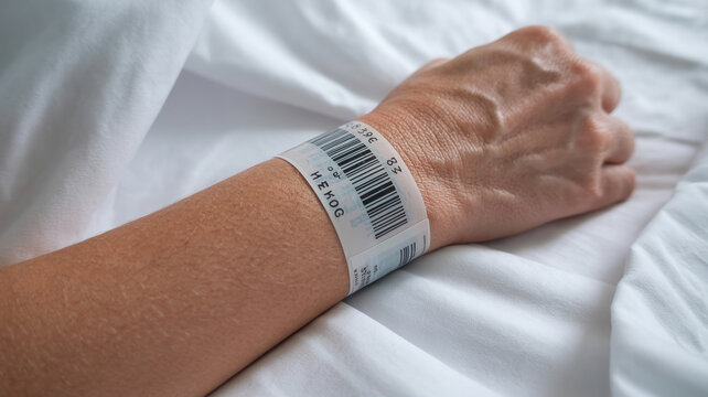 Close up of patient arm wearing white identification bracelet with barcode lying on clean hospital bed sheets for medical treatment and safety monitoring in clinical healthcare facility background.