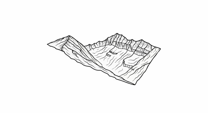 Hand-drawn sketch of a dramatic mountain range with steep slopes and deep ravines