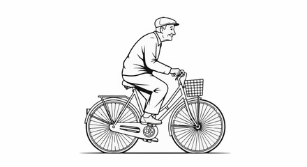 Naklejka premium Elderly man in cap happily rides bicycle with basket