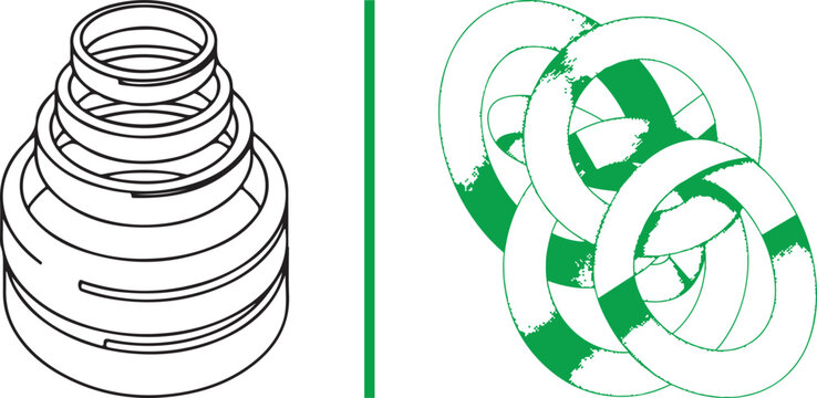 Technical vector illustration of mechanical seal rings and industrial gaskets isolated on white background