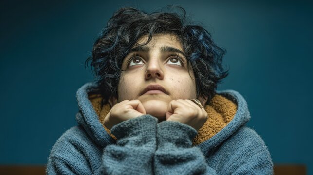 A young person with dark curly hair and subtle blue highlights looks upwards, resting hands under their chin. They wear a blue knit hoodie with a brown interior, set against a dark teal background