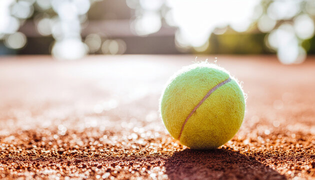 a yellow tennis ball resting on a rough gravel and clay court surface. The image features bright natural sunlight, a shallow depth of field with a blurred background and space on the left