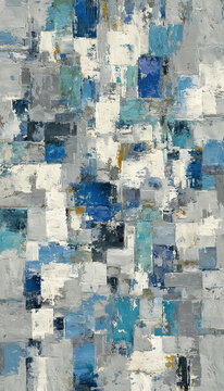 Abstract geometric painting with overlapping blue and gray rectangles