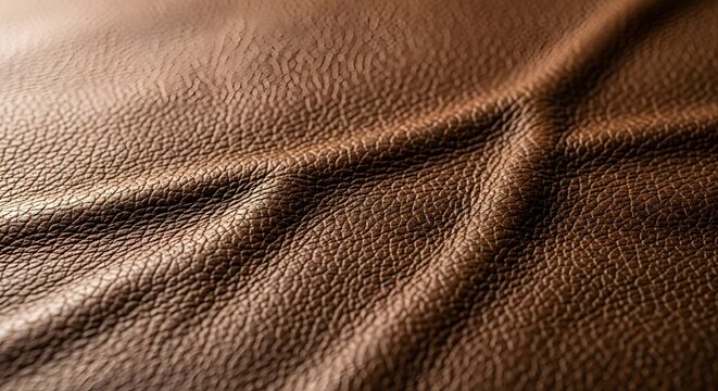 Close-up of rich brown leather texture, highlighting its natural wrinkles and fine grain, perfect for backgrounds, upholstery, or fashion design concepts, embodying durability and elegance