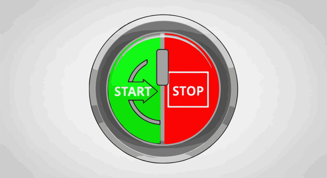 A circular button with a grey border, divided into green and red halves