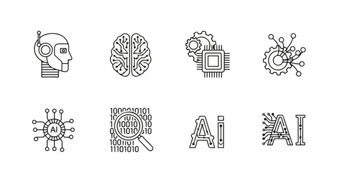 Set of simple line art icons representing artificial intelligence concepts