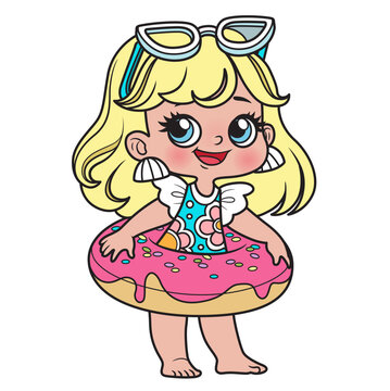 Cute cartoon girl in a swimsuit and with an donut inflatable ring for swimming color variation on white background
