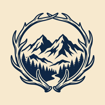 Logo illustration of mountains in a frame with deer antlers.