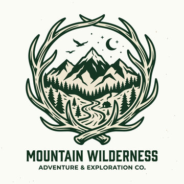 Logo illustration of mountains in a frame with deer antlers.